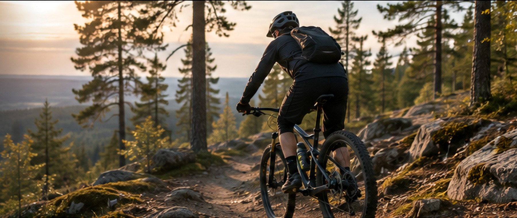 Mountainbikecyklist på skogsstig med utsikt över landskapet